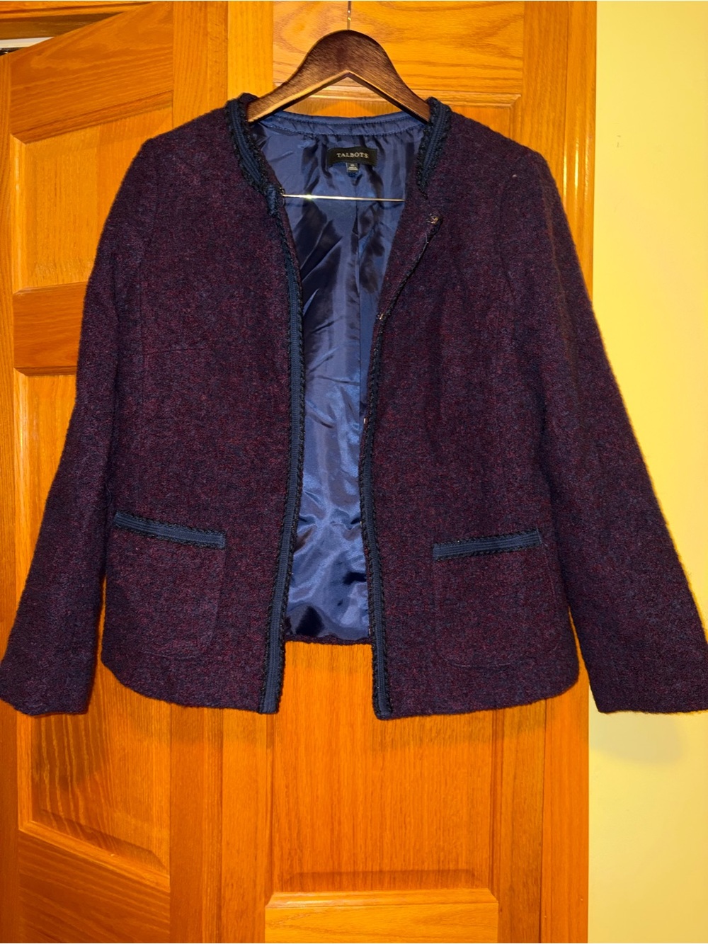 Talbots Navy-Lined Purple Tweed Collarless Blazer